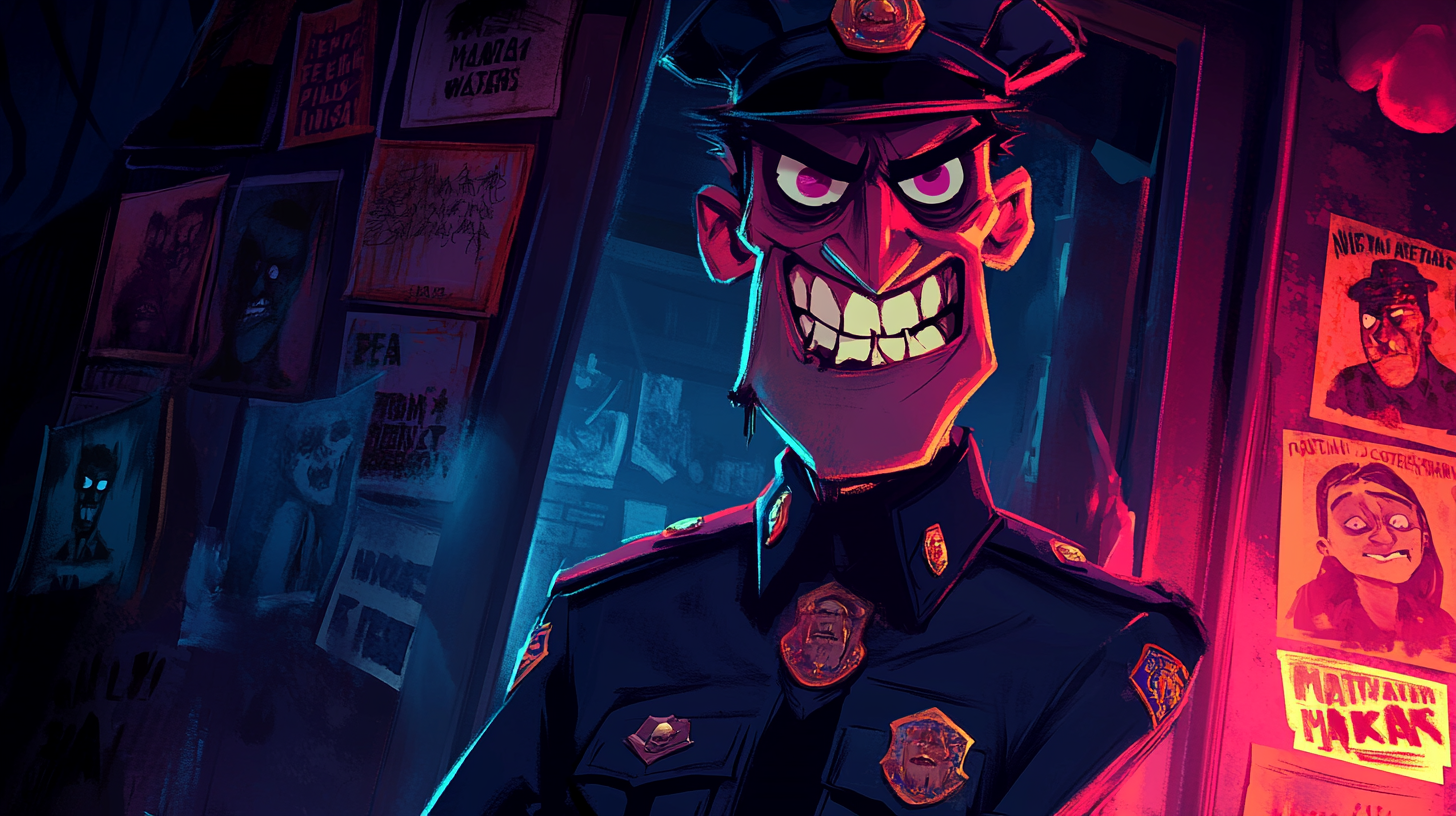 Disturbing Police Officer Lurking in Dark Shadows.