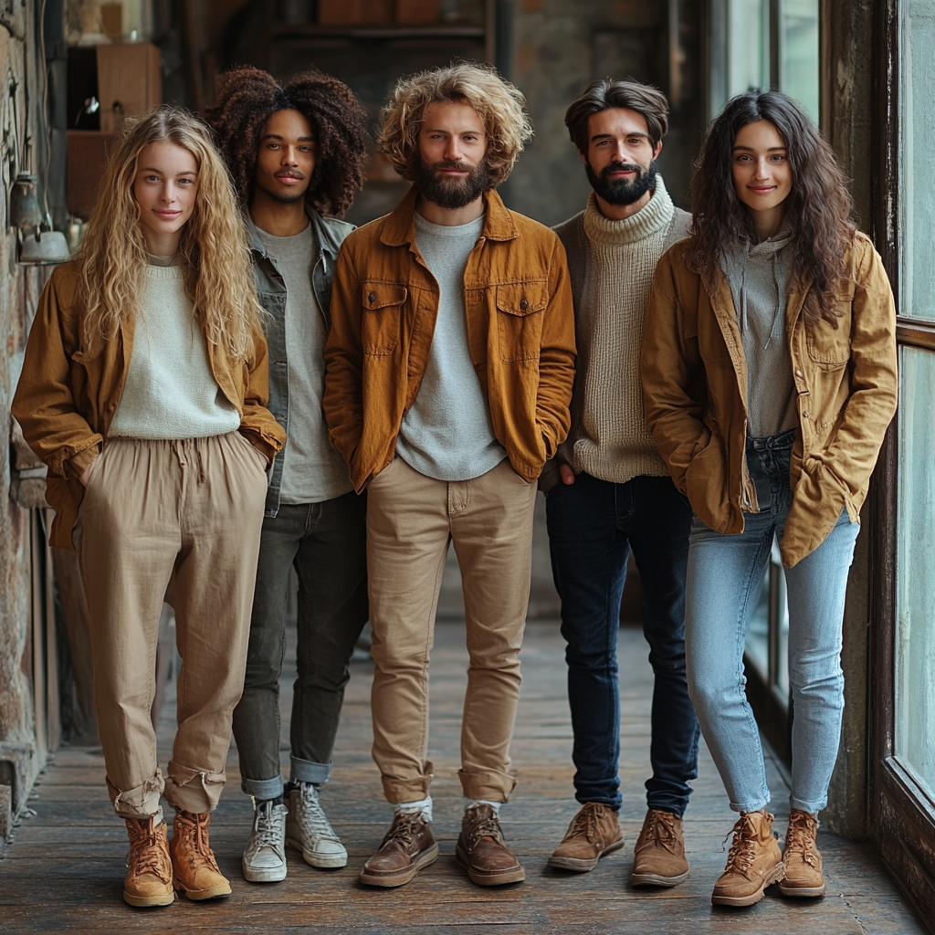 Diverse Gruppe von vier Menschen in moderner Kleidung.