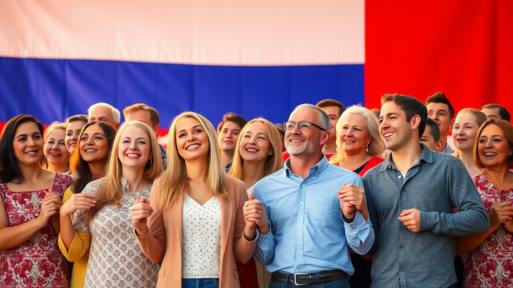 Diverse People Holding Hands in Front of Russian Flag