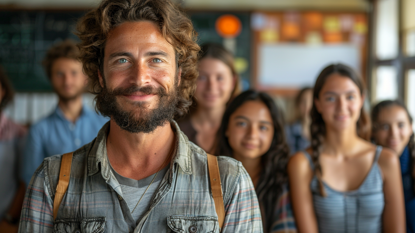 Diverse Spanish teachers smiling in classroom photograph