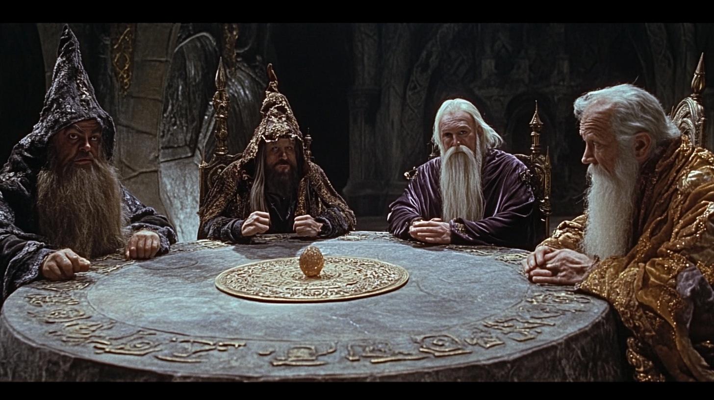 Diverse Wizards Convene at Round Table in Palace