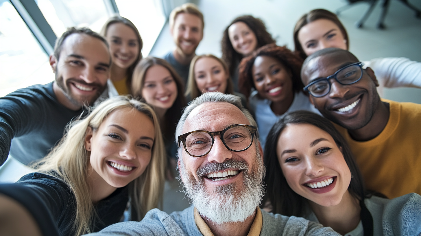 Diverse business people taking selfie with Nikon camera.