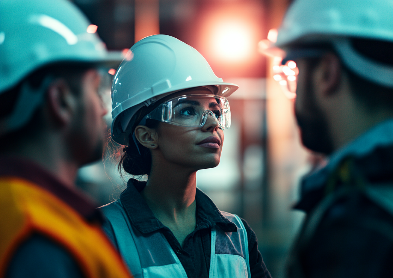 Diverse construction workers gathered around female project manager.