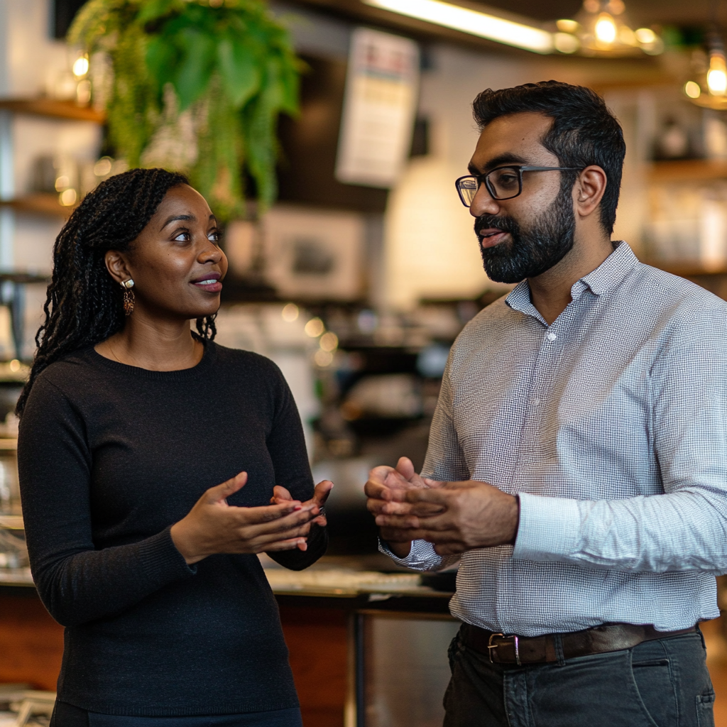 Diverse couple talking at cafe, casual attire, ethnicity.