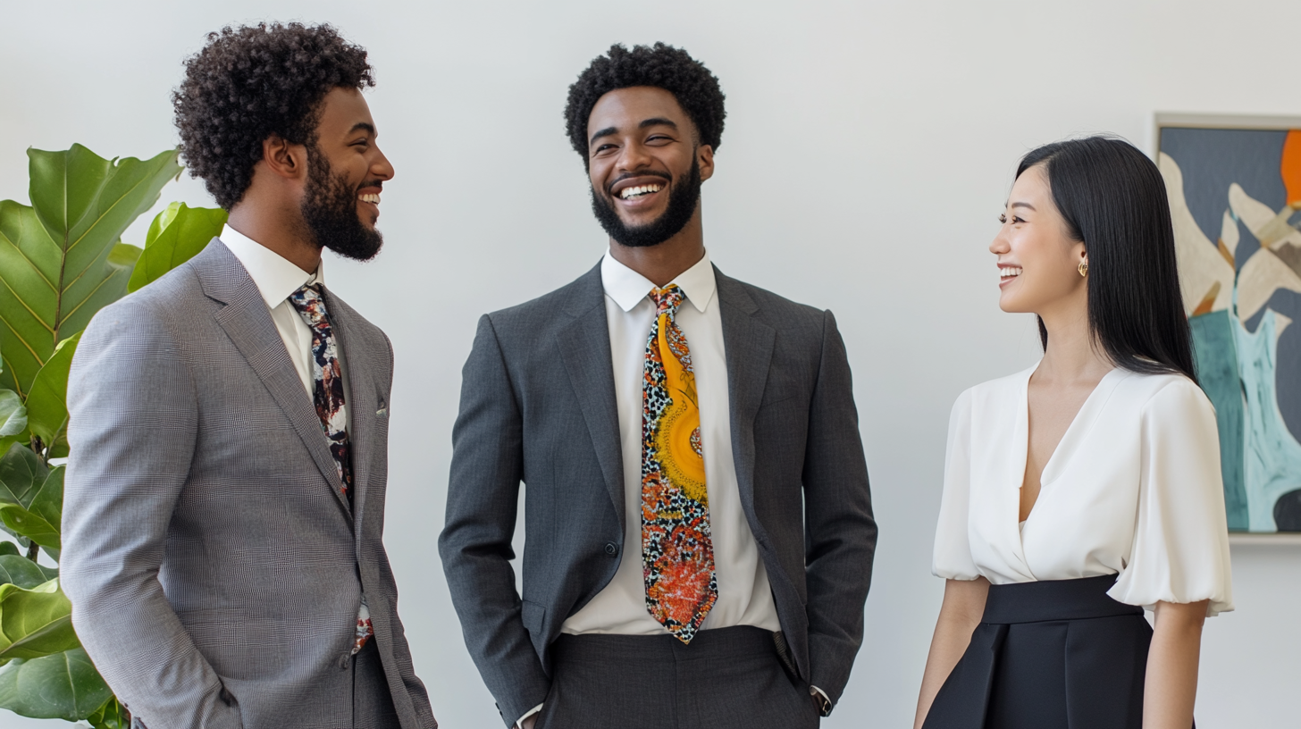 Diverse designers in stylish attire smiling in studio.