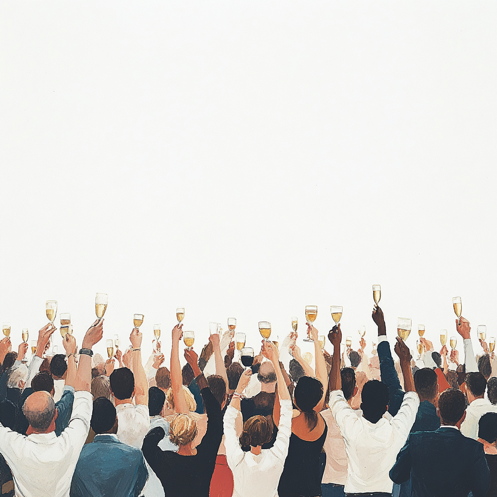 Diverse group celebrating, holding drinks, white background, summer party.