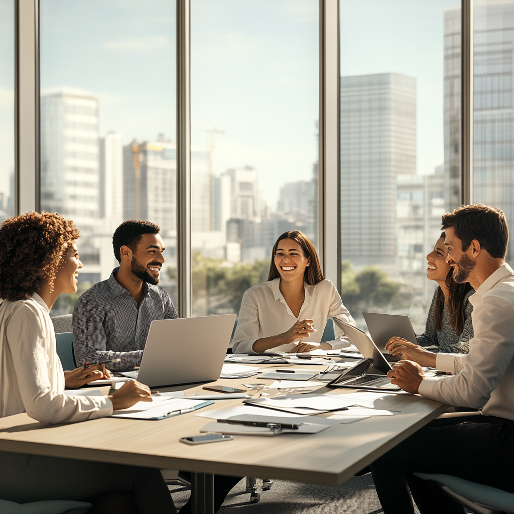 Diverse group collaborating in modern office with city views.