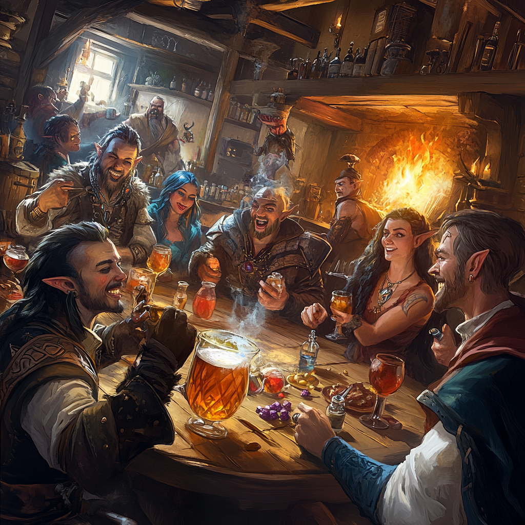 Diverse group in medieval tavern with lively atmosphere.