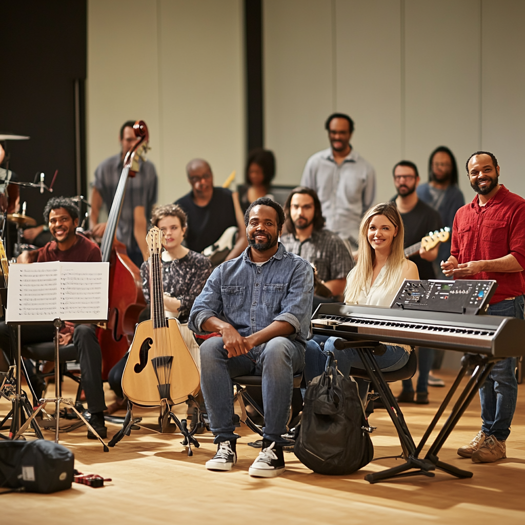 Diverse group of adults in music studio with instruments.