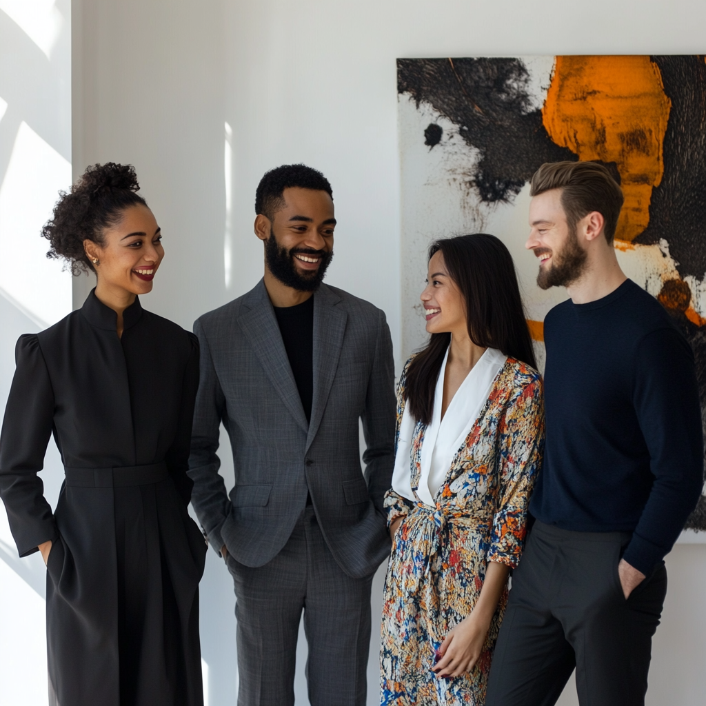 Diverse group of designers smiling warmly in studio.