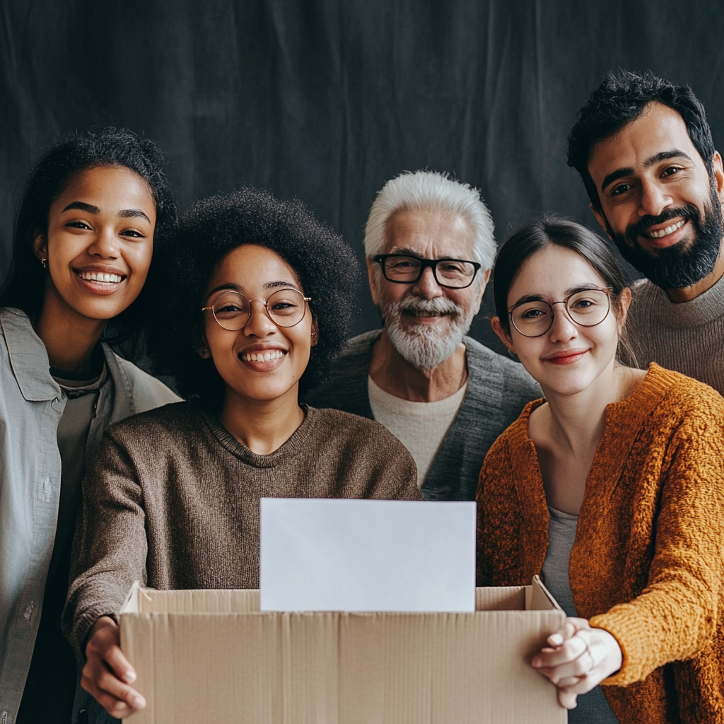 Diverse group voting happily in hyperealistic photography.