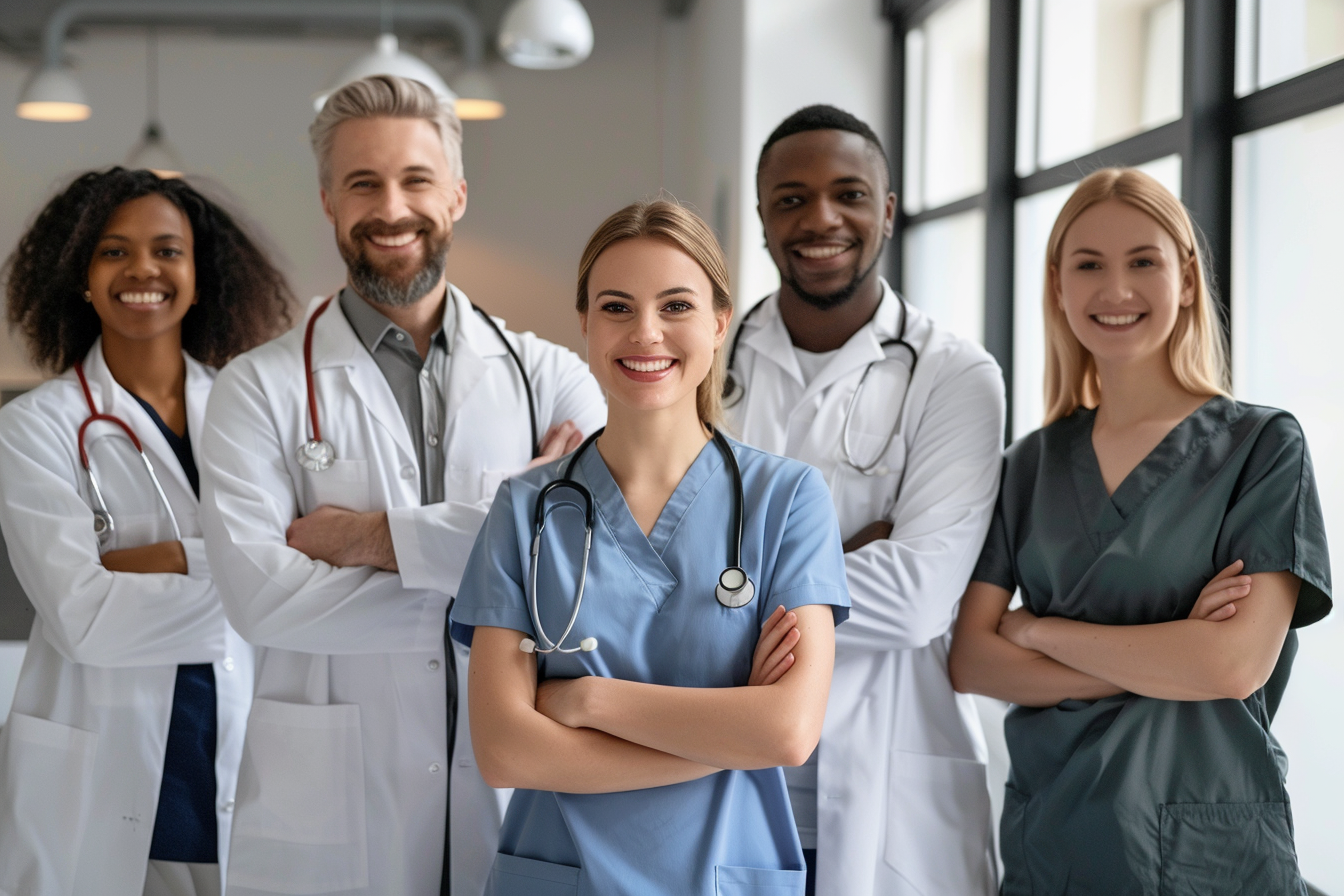 Diverse healthcare professionals smiling in modern medical setting.