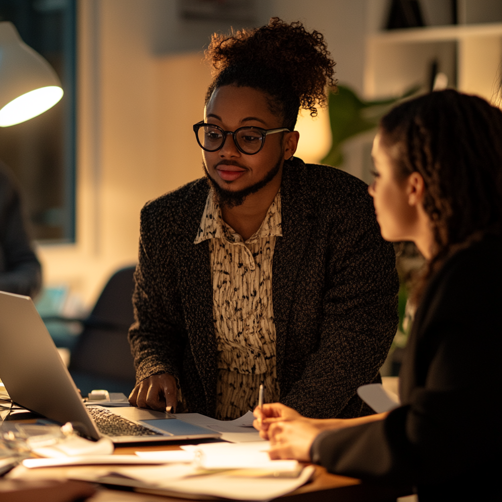 Diverse professionals working together in a warm office