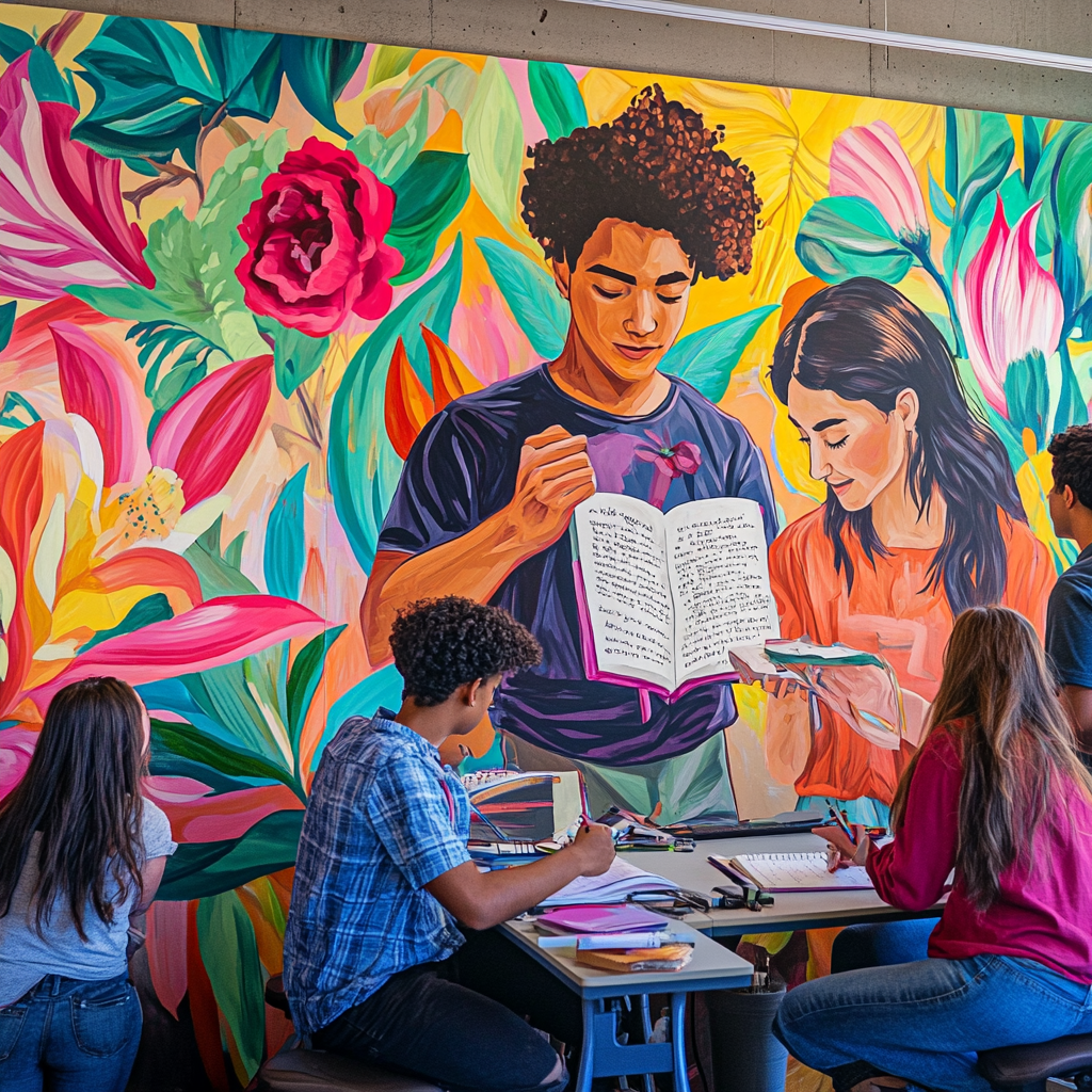 Diverse students in a mural with inspiring quotes.