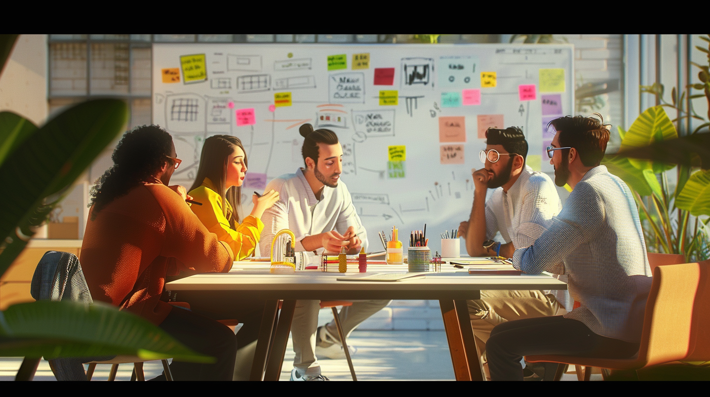 Diverse team brainstorming at modern conference table, engaged.