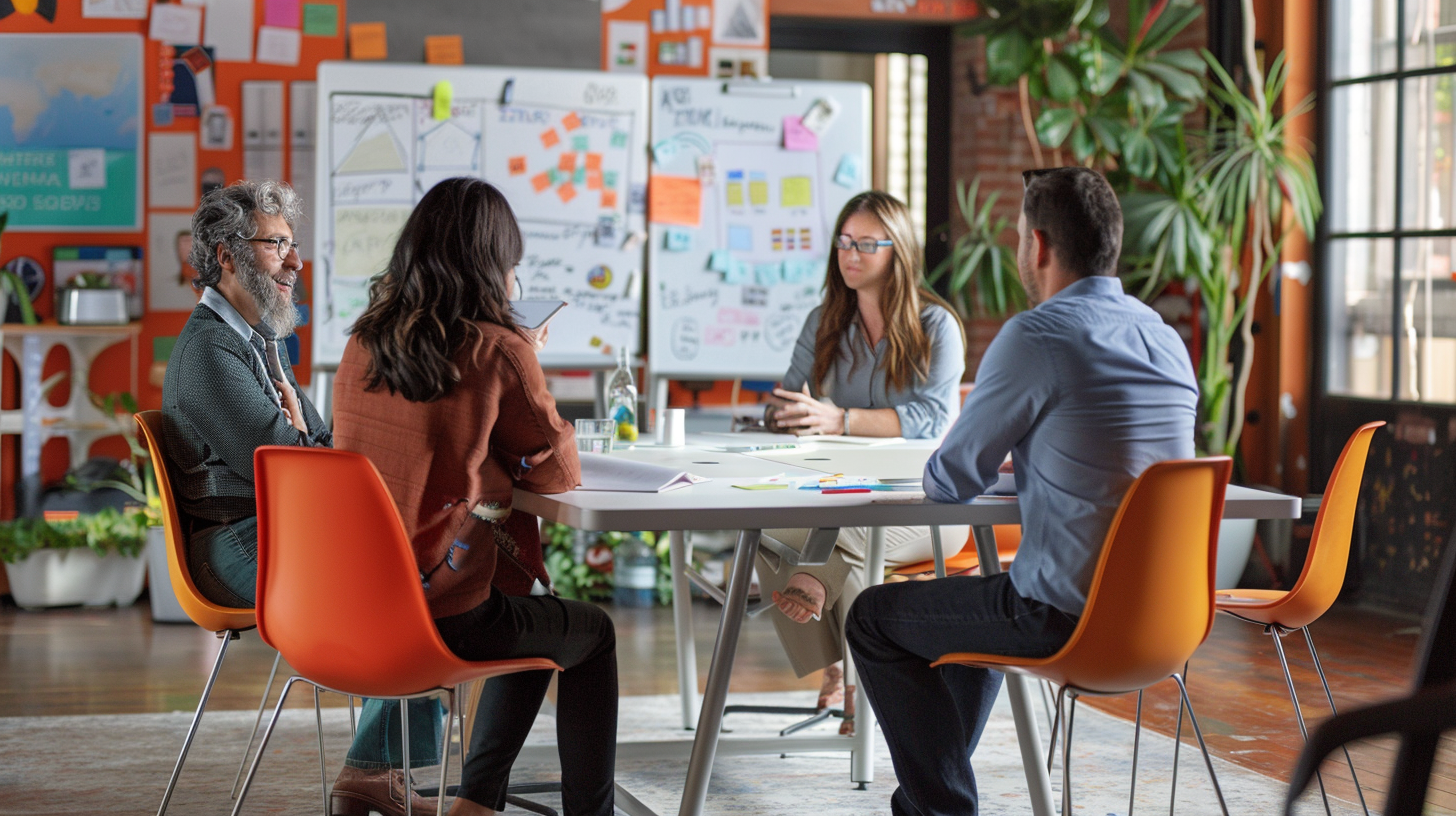 Diverse team brainstorming ideas in modern office setting.