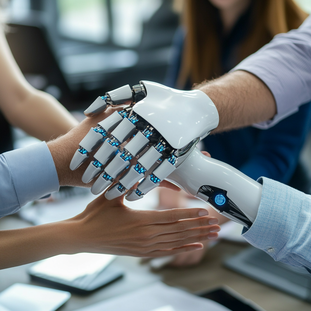 Diverse team with robot hand, symbolizing unity and success.