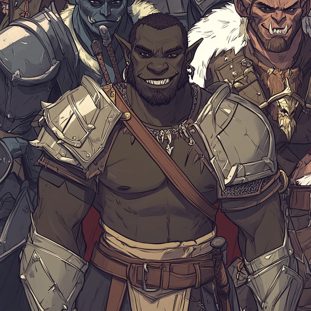 Diverse warriors stand behind friendly, confident orc.