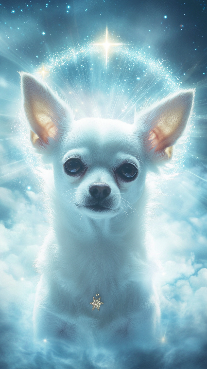 Divine chihuahua with white fur and golden eyes