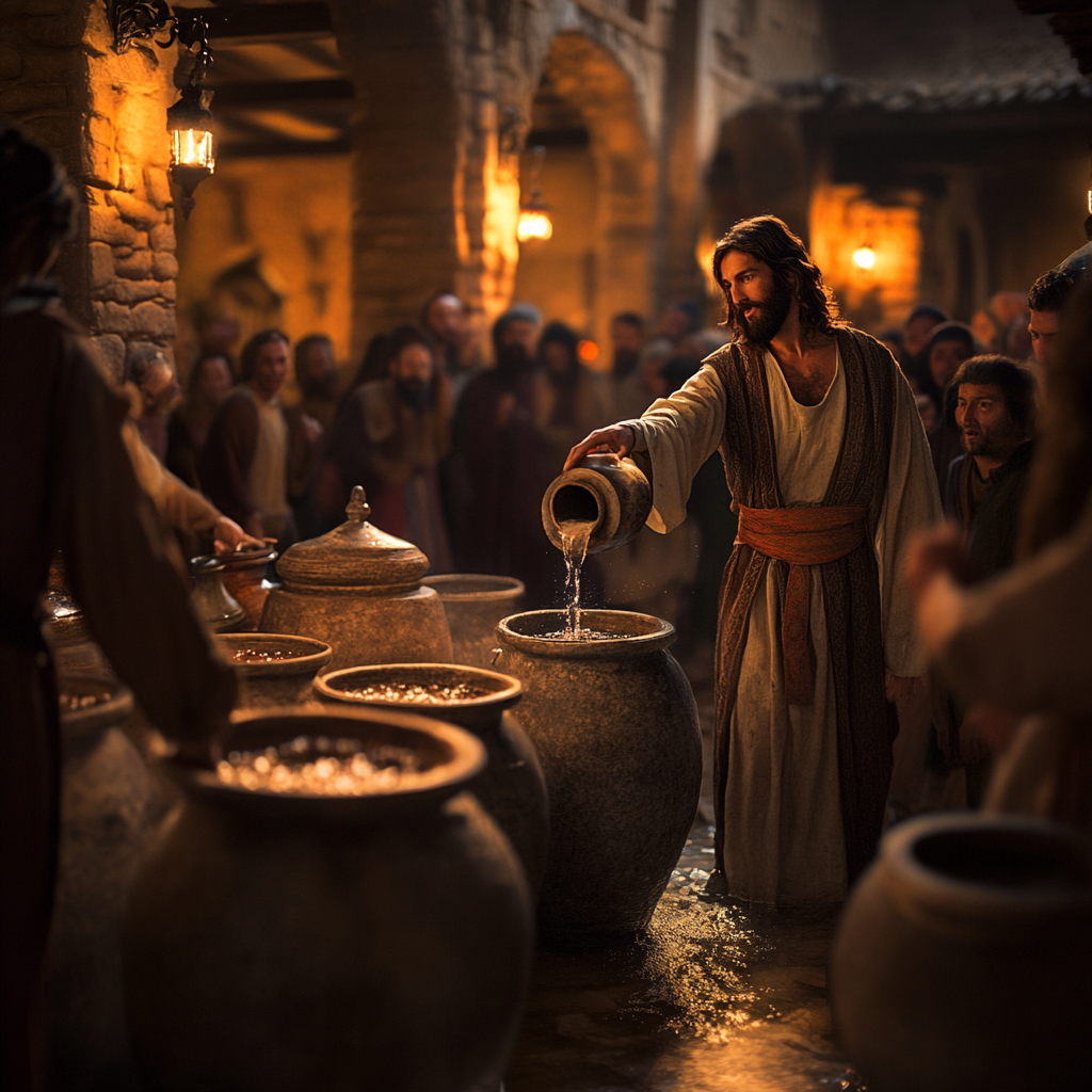 Divine moment: Jesus turns water to wine miraculously.