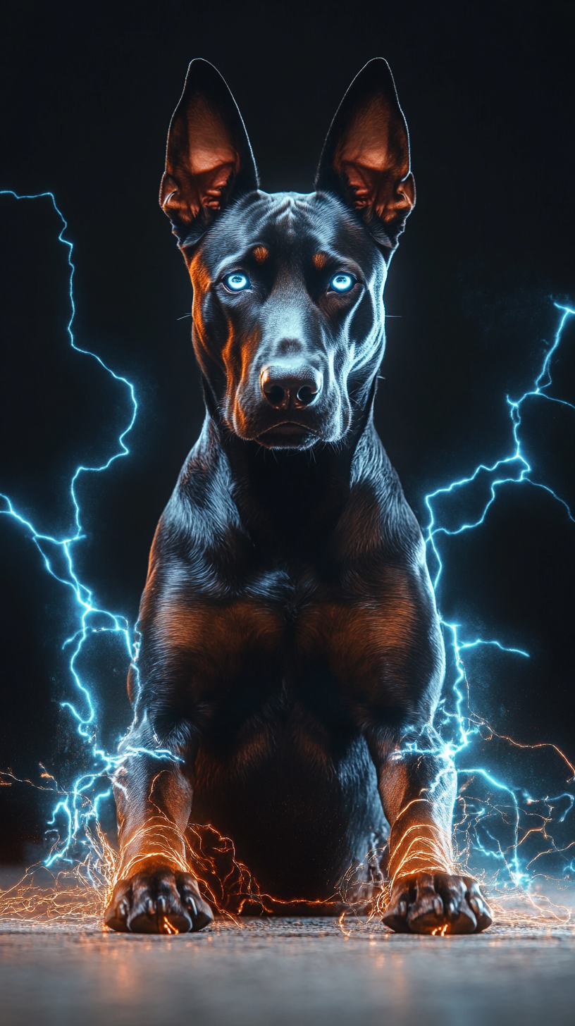 Doberman with lightning powers, black fur with electric blue highlights.