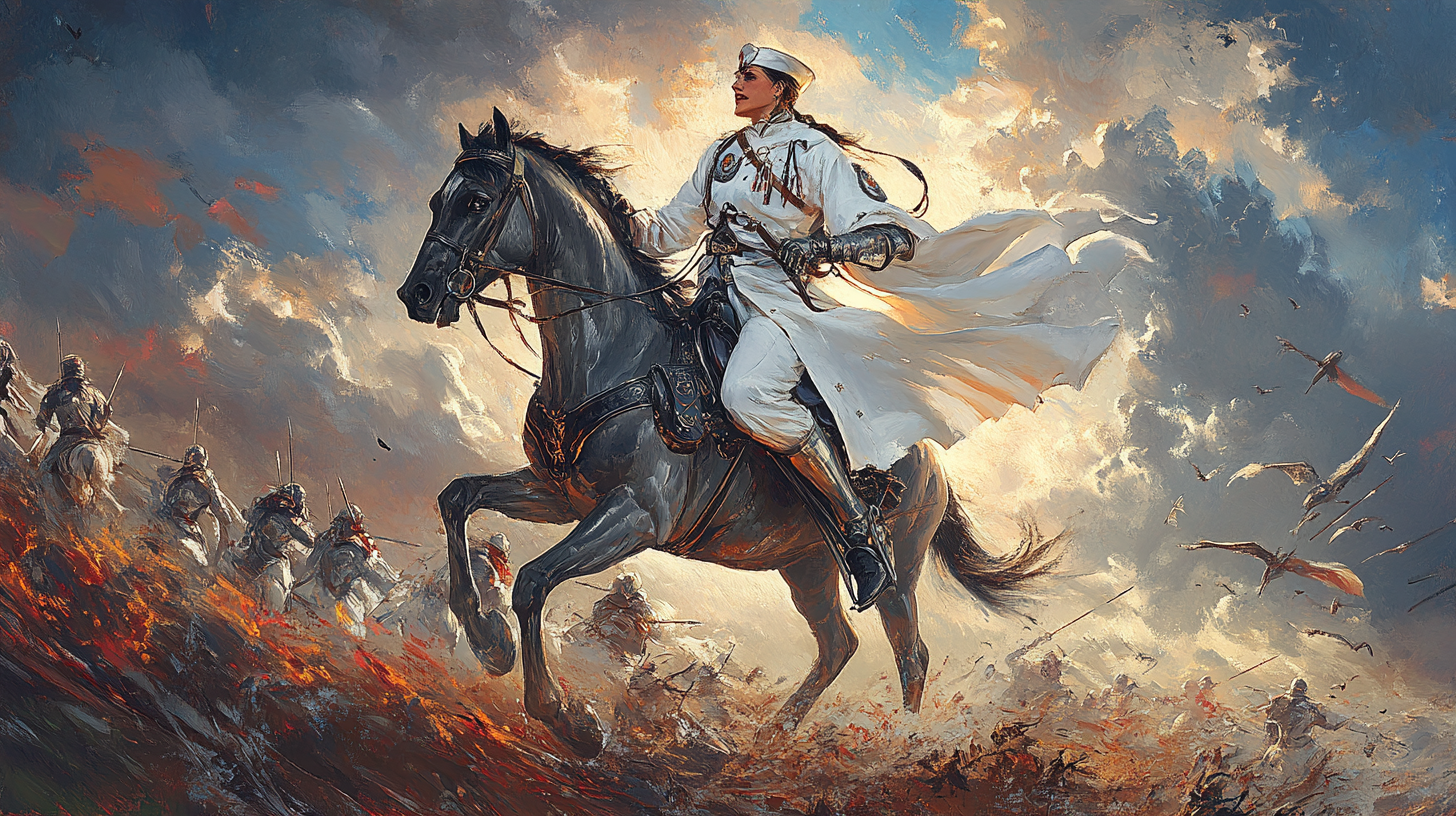 Doctor in White Lab Coat on Horse in Battle