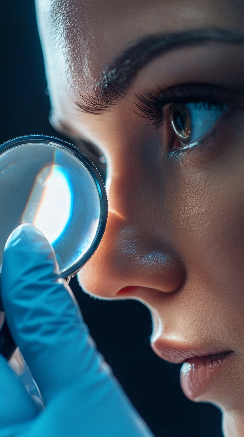 Doctor uses magnifying glass, examines patient's skin.