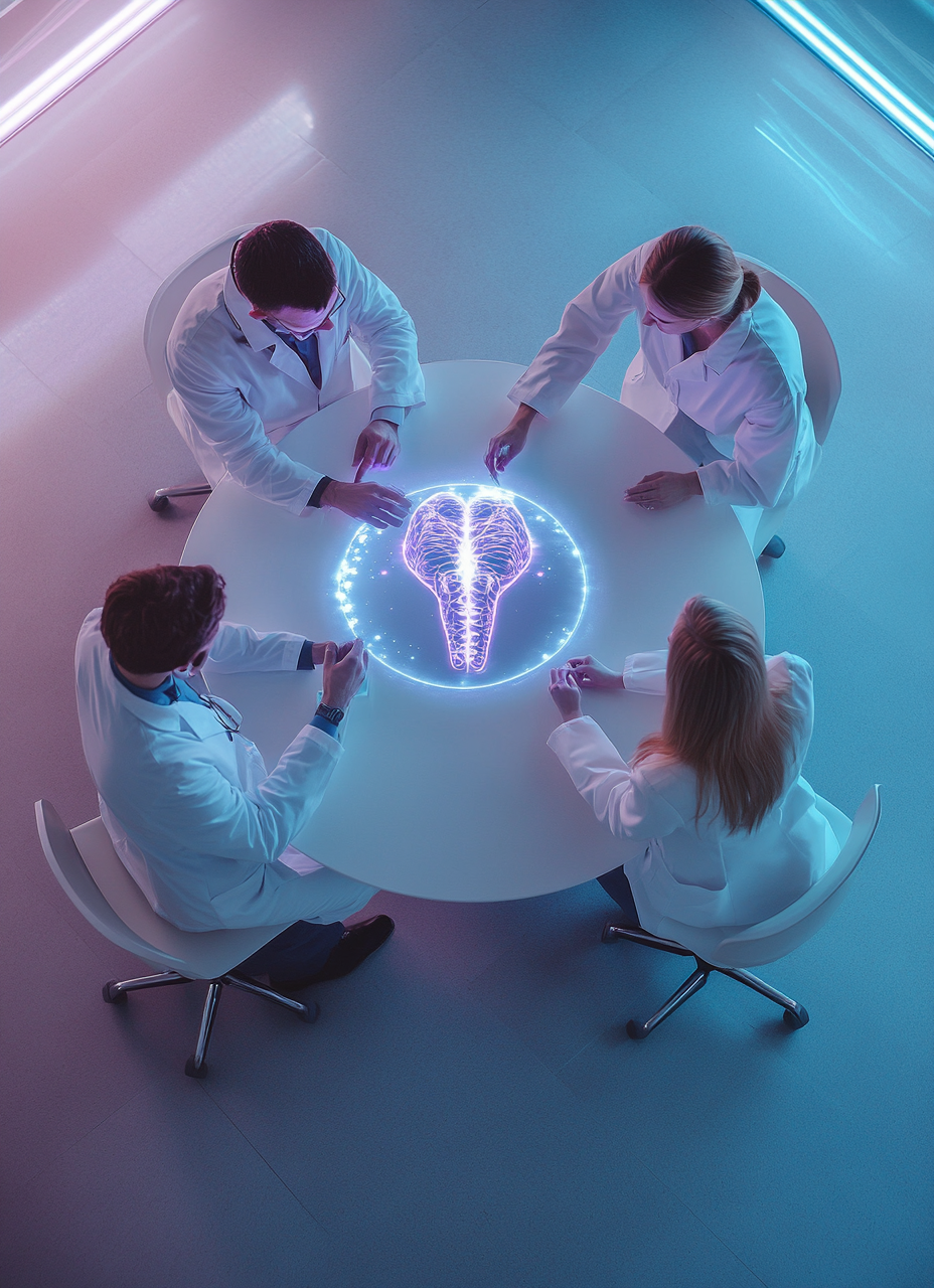 Doctors studying holographic human body model at table