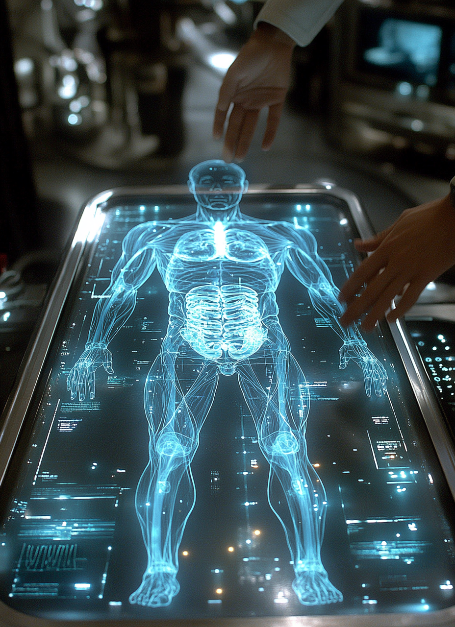 Doctors studying large hologram of human body