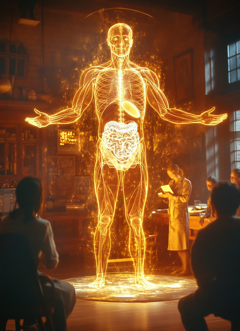 Doctors studying large holographic body at round table