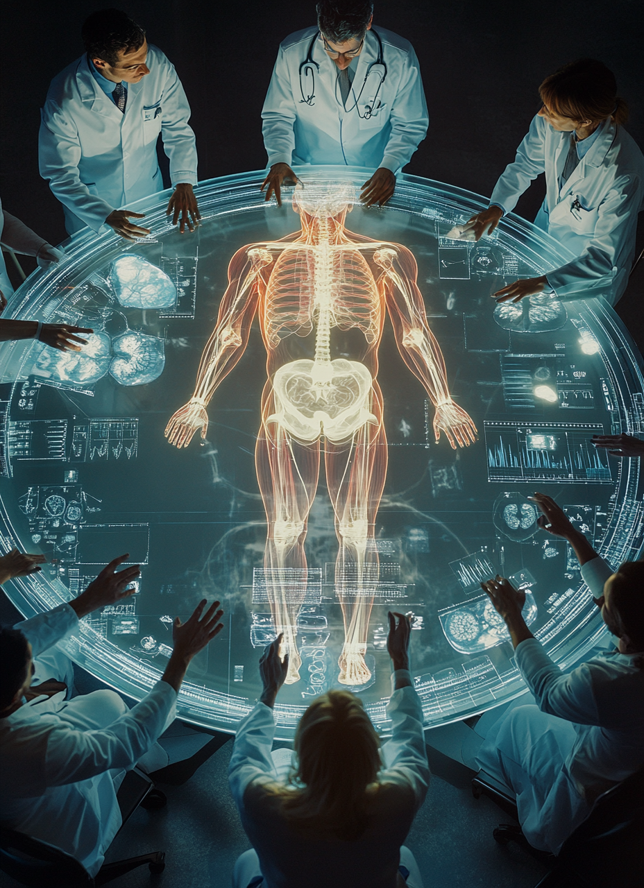 Doctors studying large human hologram at round table