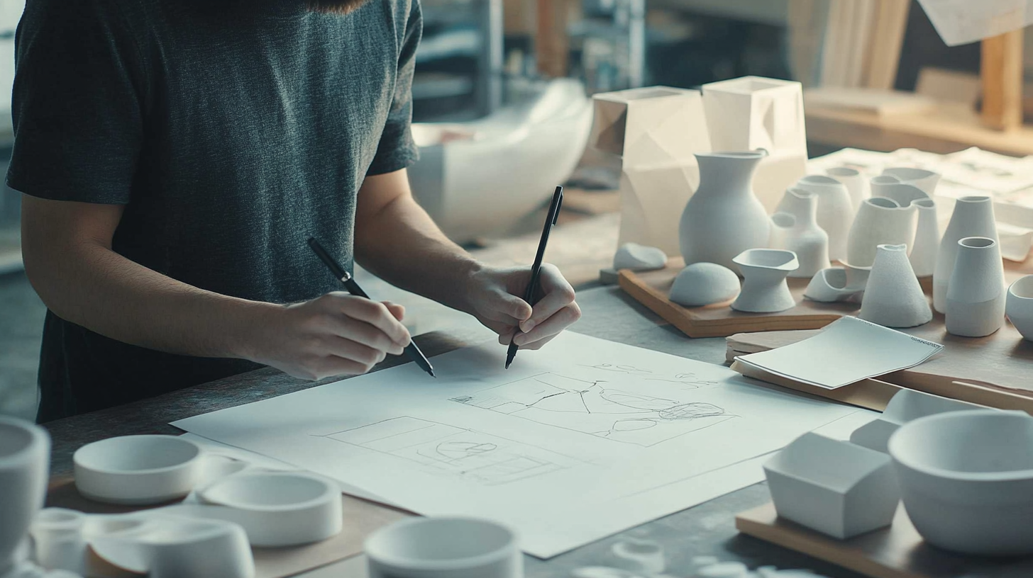 Documentary style shot designer sketching design ceramics, samples.