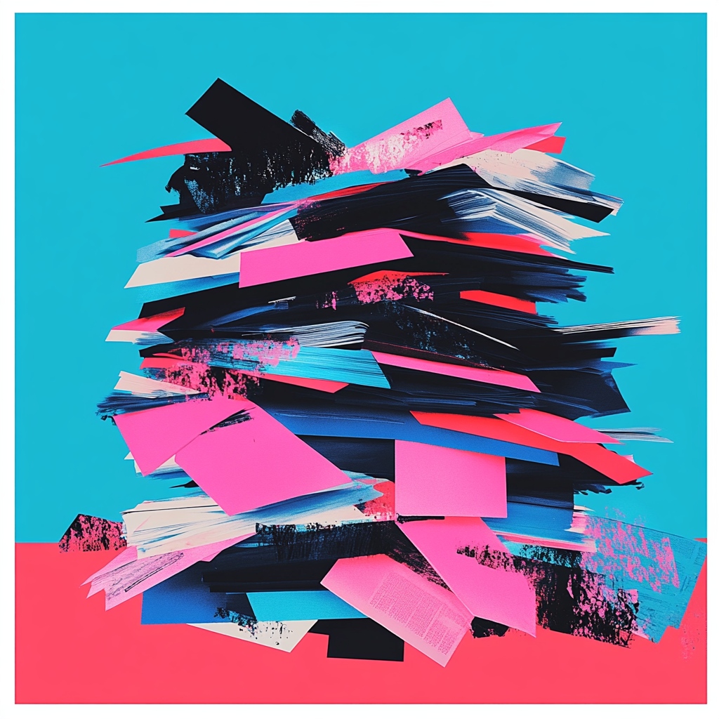 Documentation piles in pink, blue, black minimalist collage.