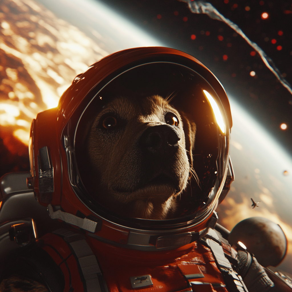 Dog astronaut in space suit with planets