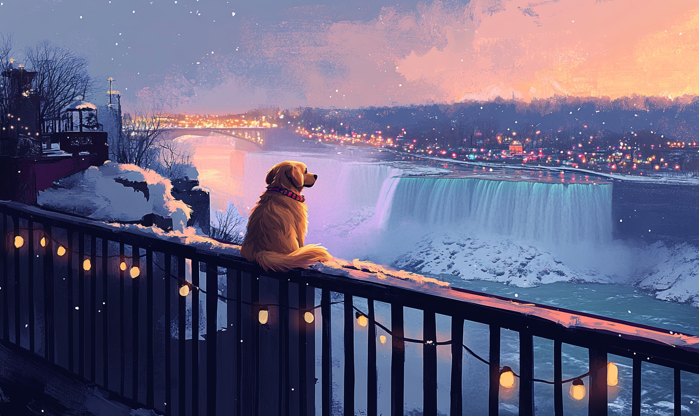 Dog on deck overlooking snowy Niagara falls with lights.