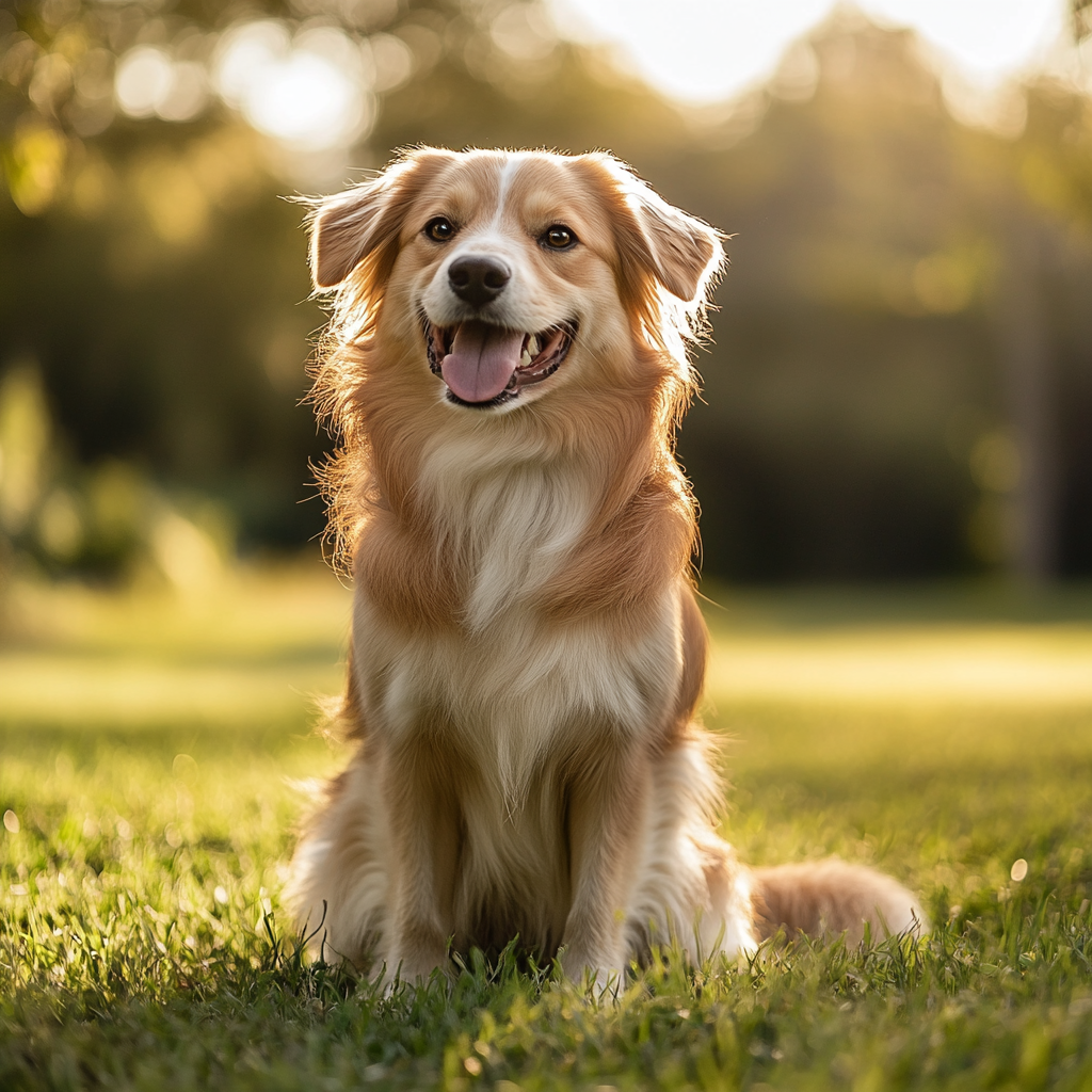 Dog sitting on grass, wagging tail, looking happy.