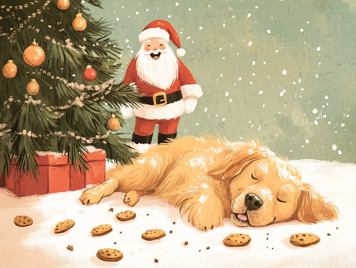 Dog sleeping by tree, eaten cookie crumbs, Santa laughs.