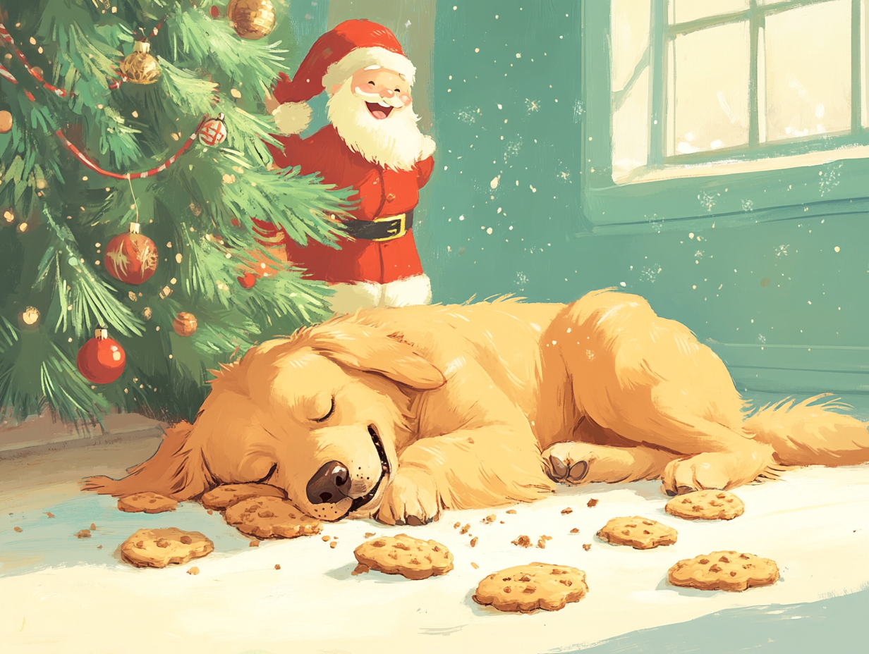 Dog sleeping in front of tree after eating cookies.