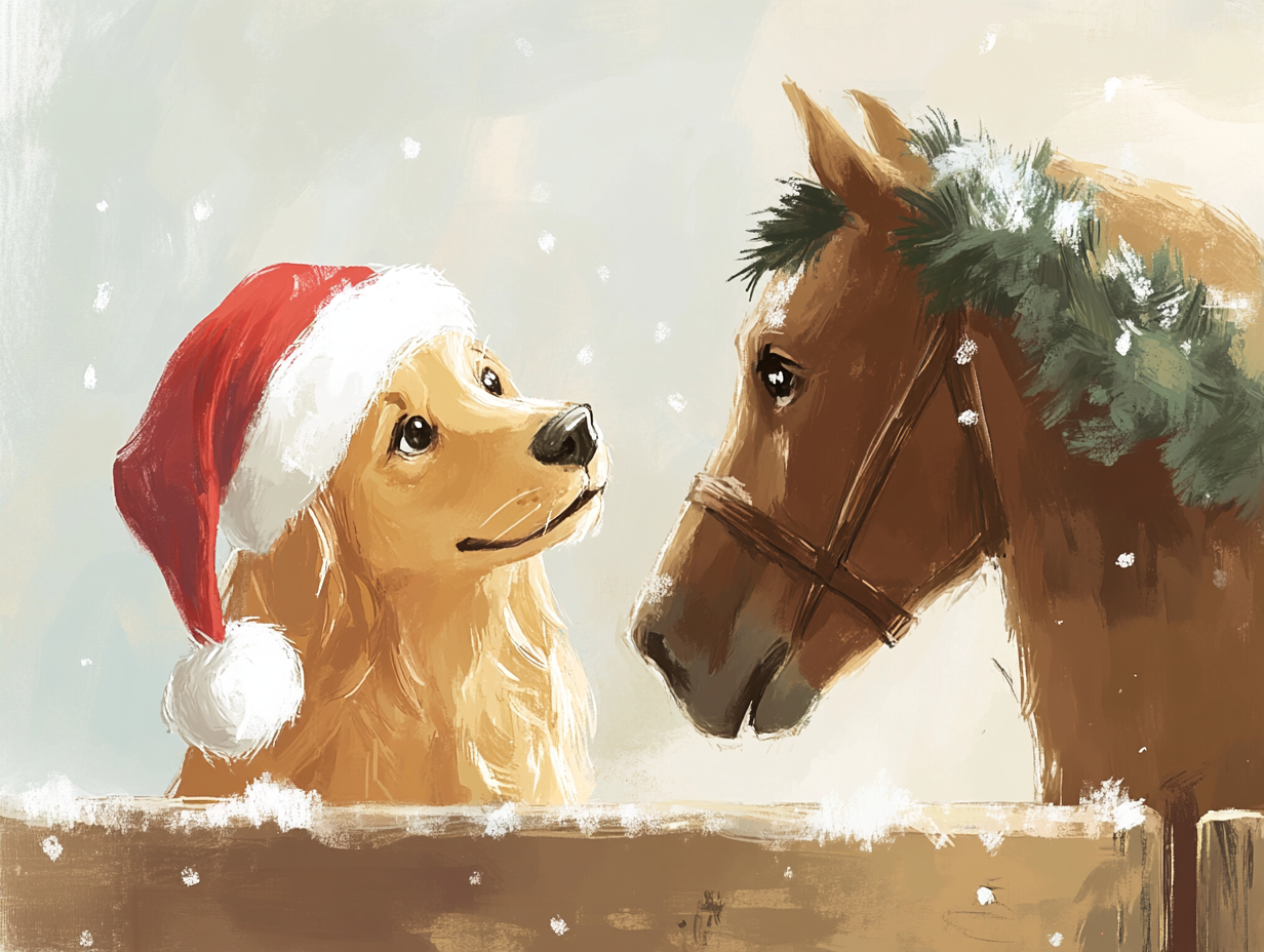 Dog with Santa hat looking at horse with Santa hat, Christmas-themed drawing.