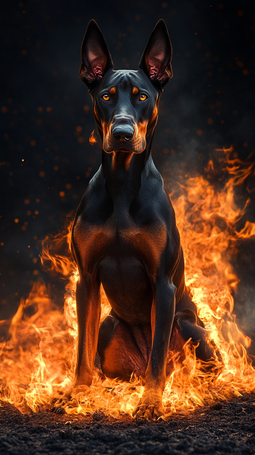 Dog with fire powers, fiery black coat, glowing eyes.