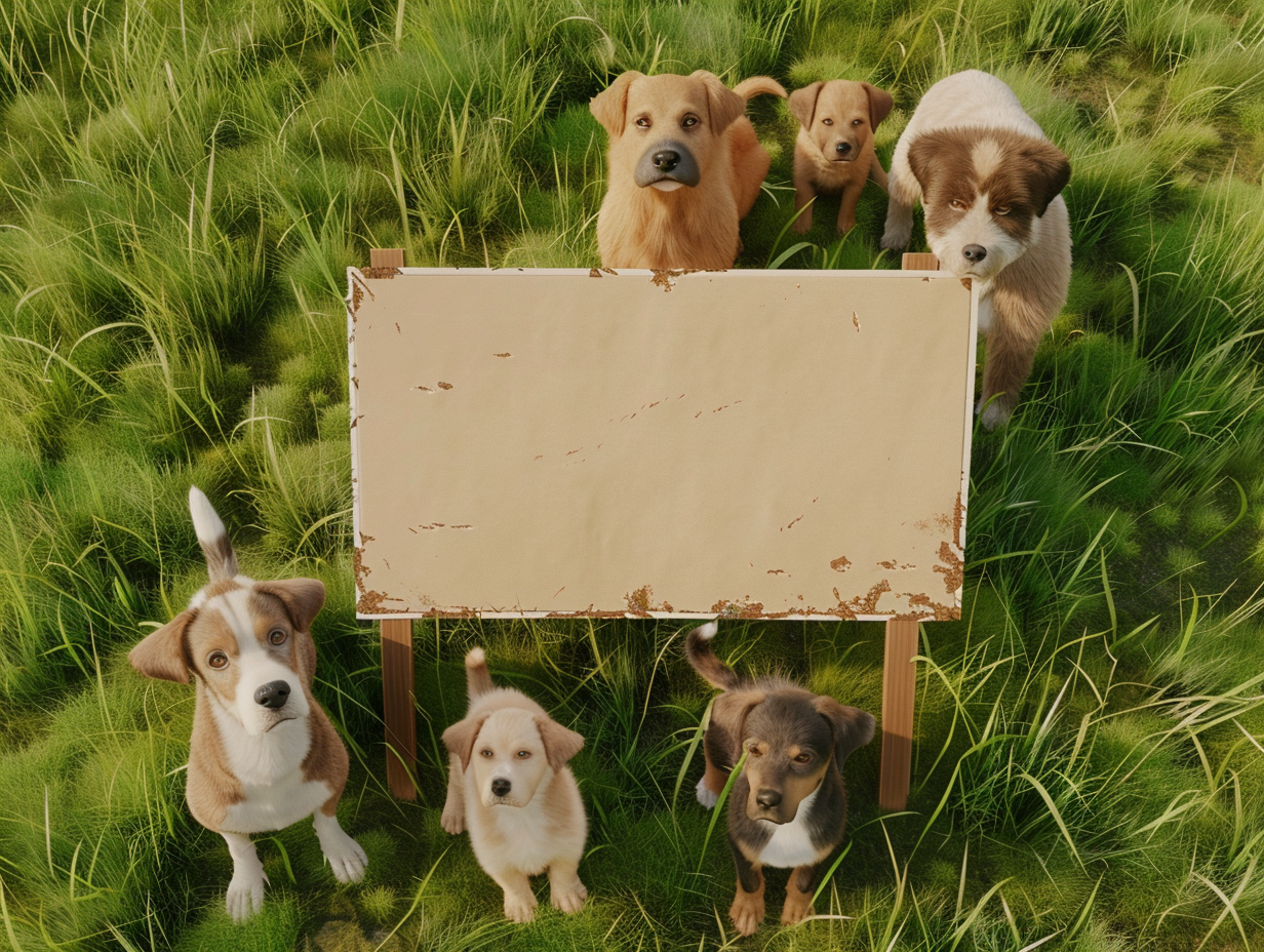 Dogs surround blank political sign in grass campaign.