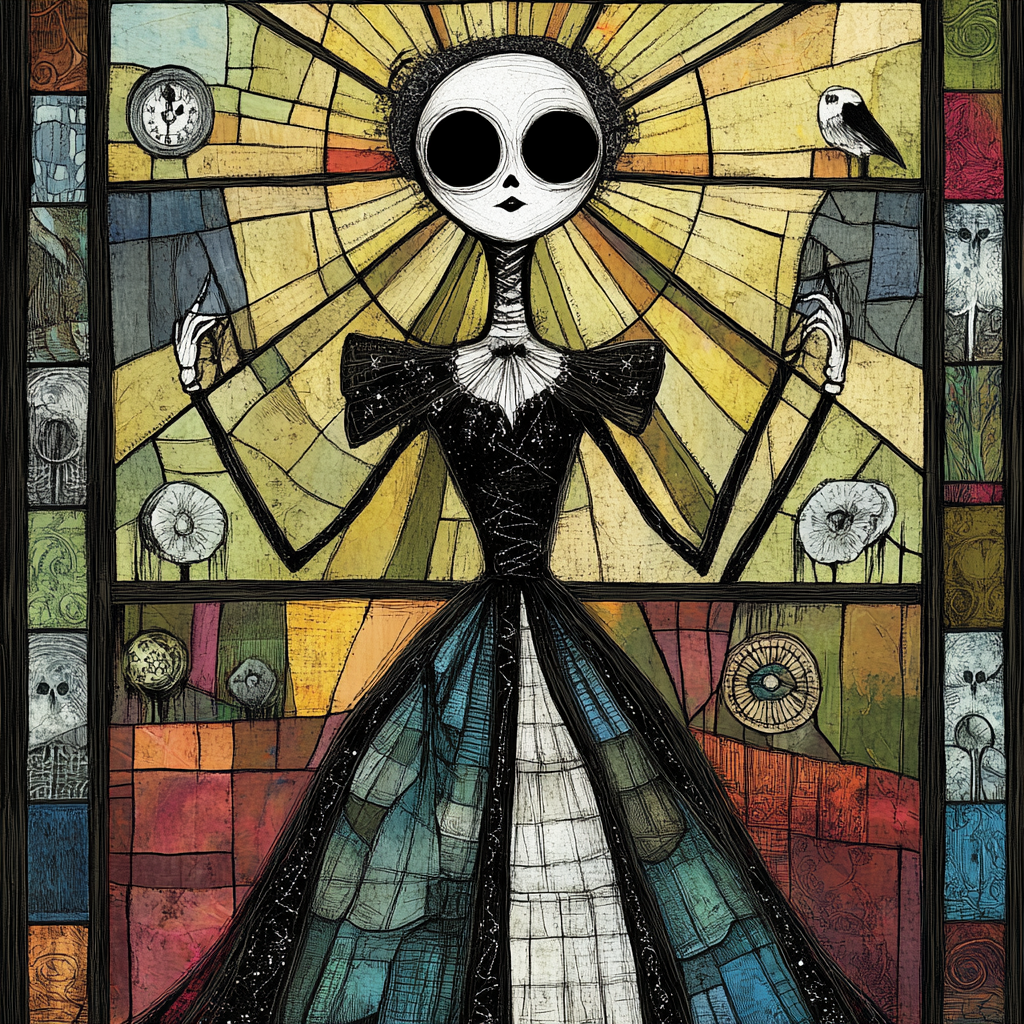 Doll-like Figure in Stained-Glass Dreamscape