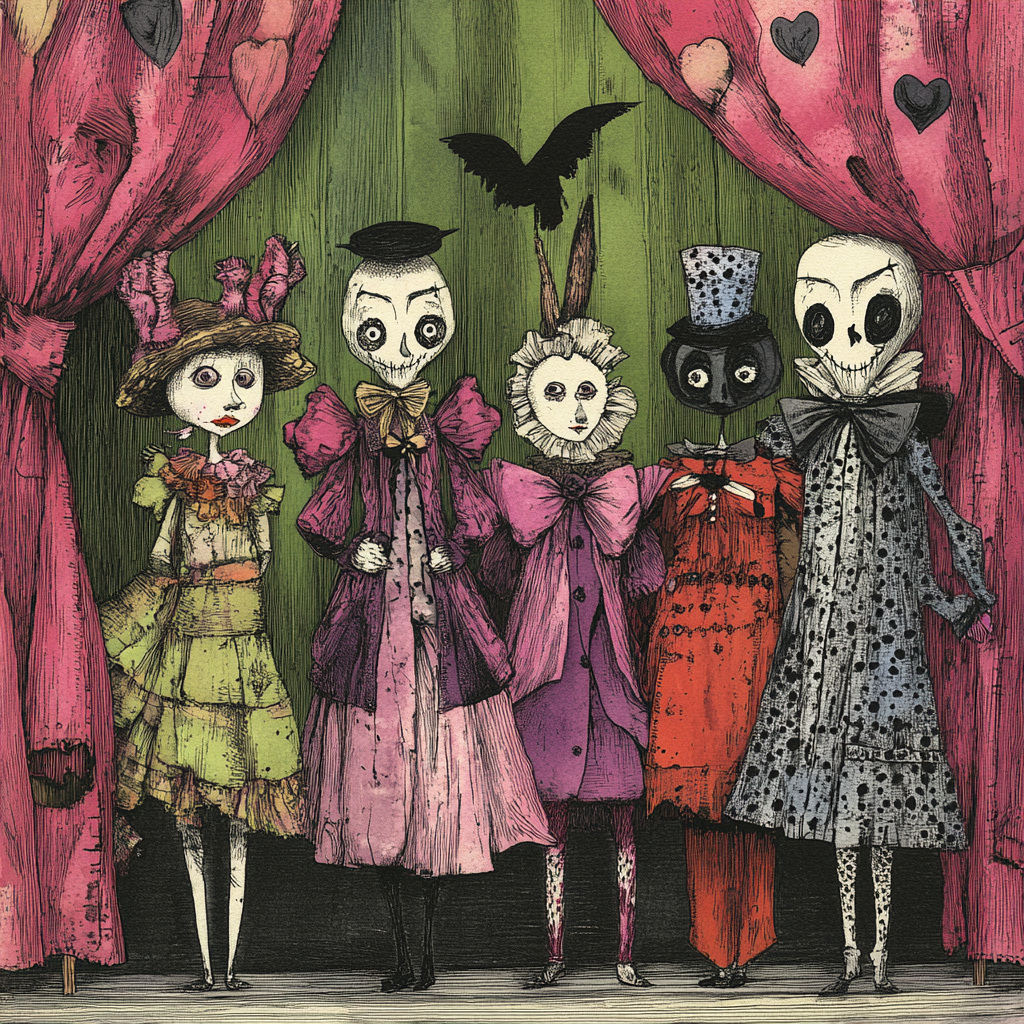 Dolls in Edward Gorey style with theatrical twist