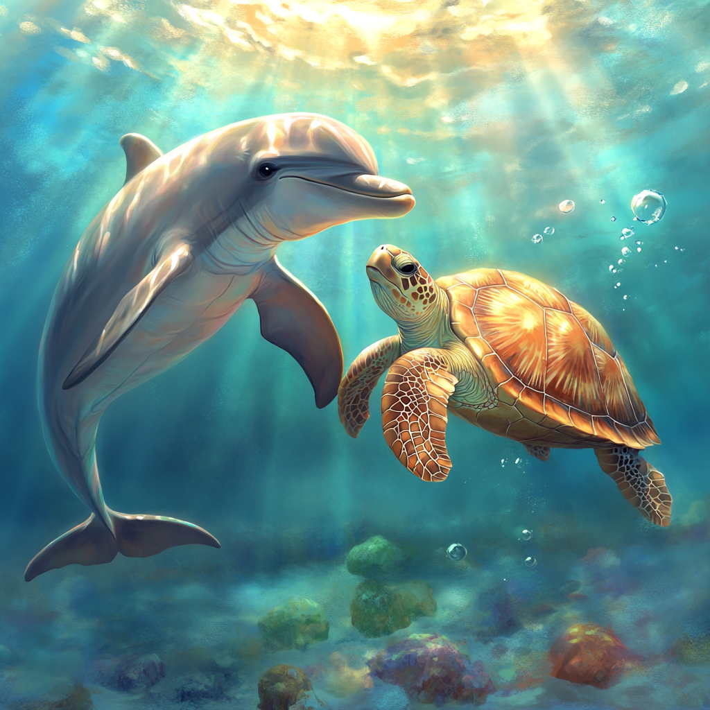 Dolphin and Sea Turtle Swim Together in Clear Water