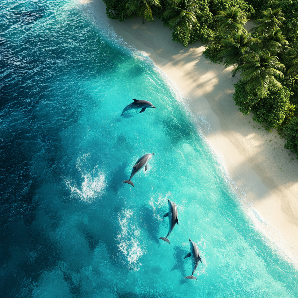 Dolphins playing in azure ocean by tropical island.