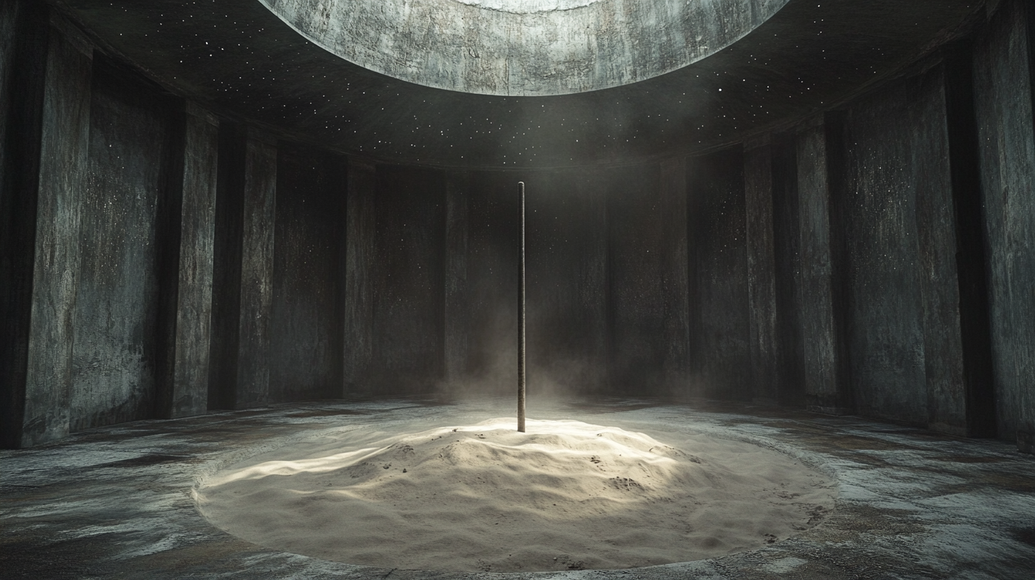 Dome temple room with sand, stone walls, metal pole, dim.