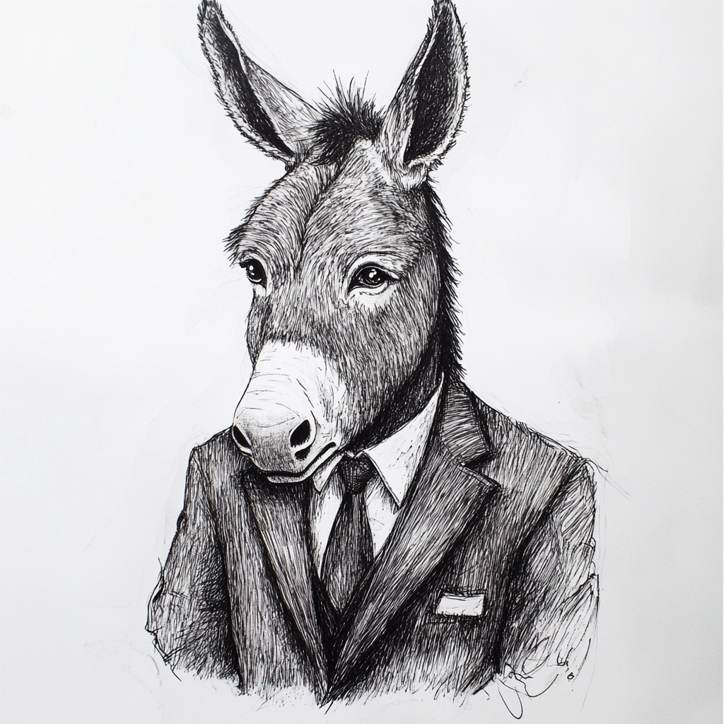 Donkey dressed up in business attire, chest up.