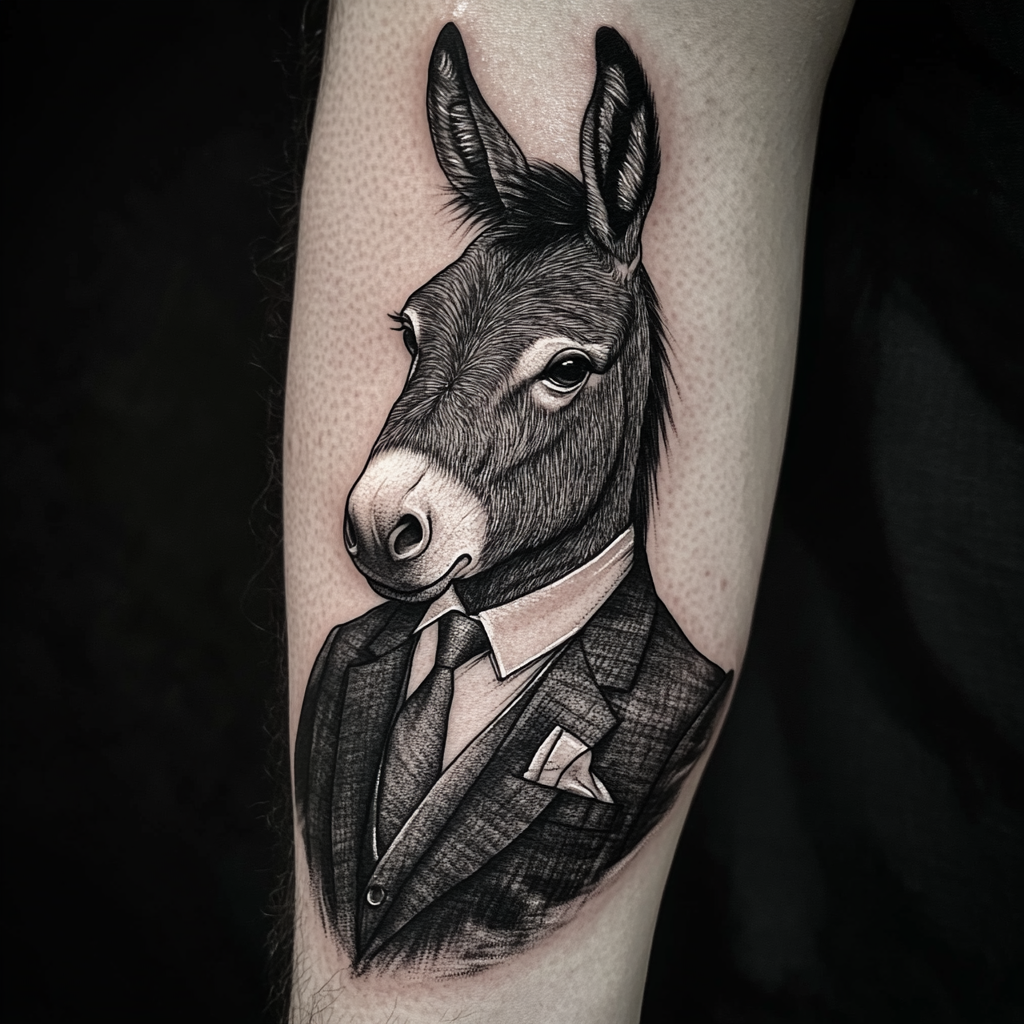 Donkey in business suit, grey and black tones.