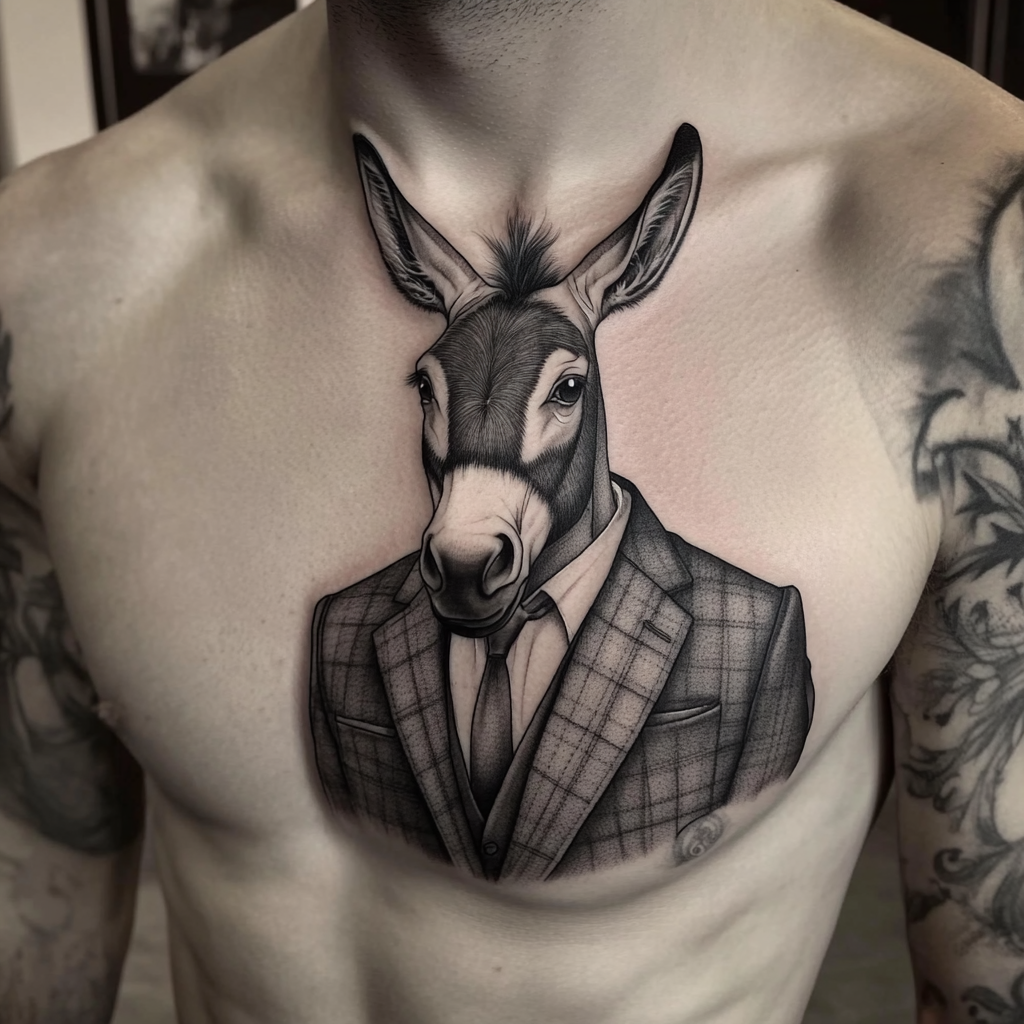 Donkey in business suit, tattoo style, semi realistic.