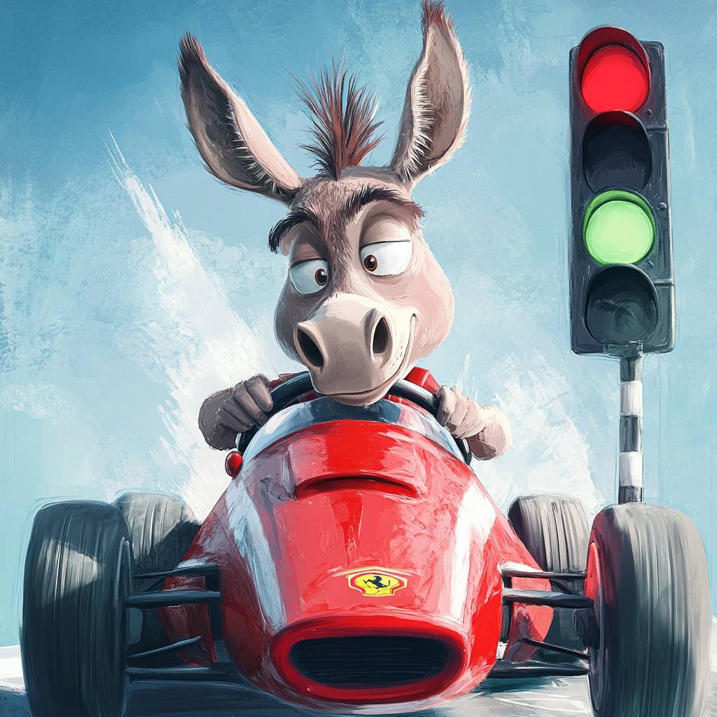 Donkey in red car at Grand Prix start line.